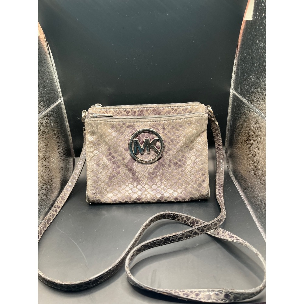Michael Kors Snake Print Crossbody Bag Purse Satchel MK Logo Gray